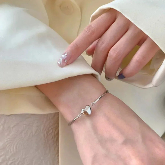 925 Sterling Silver Heart Bangle Cuff Bracelet Dainty Minimalist Heart Cuff - Picture 2 of 8